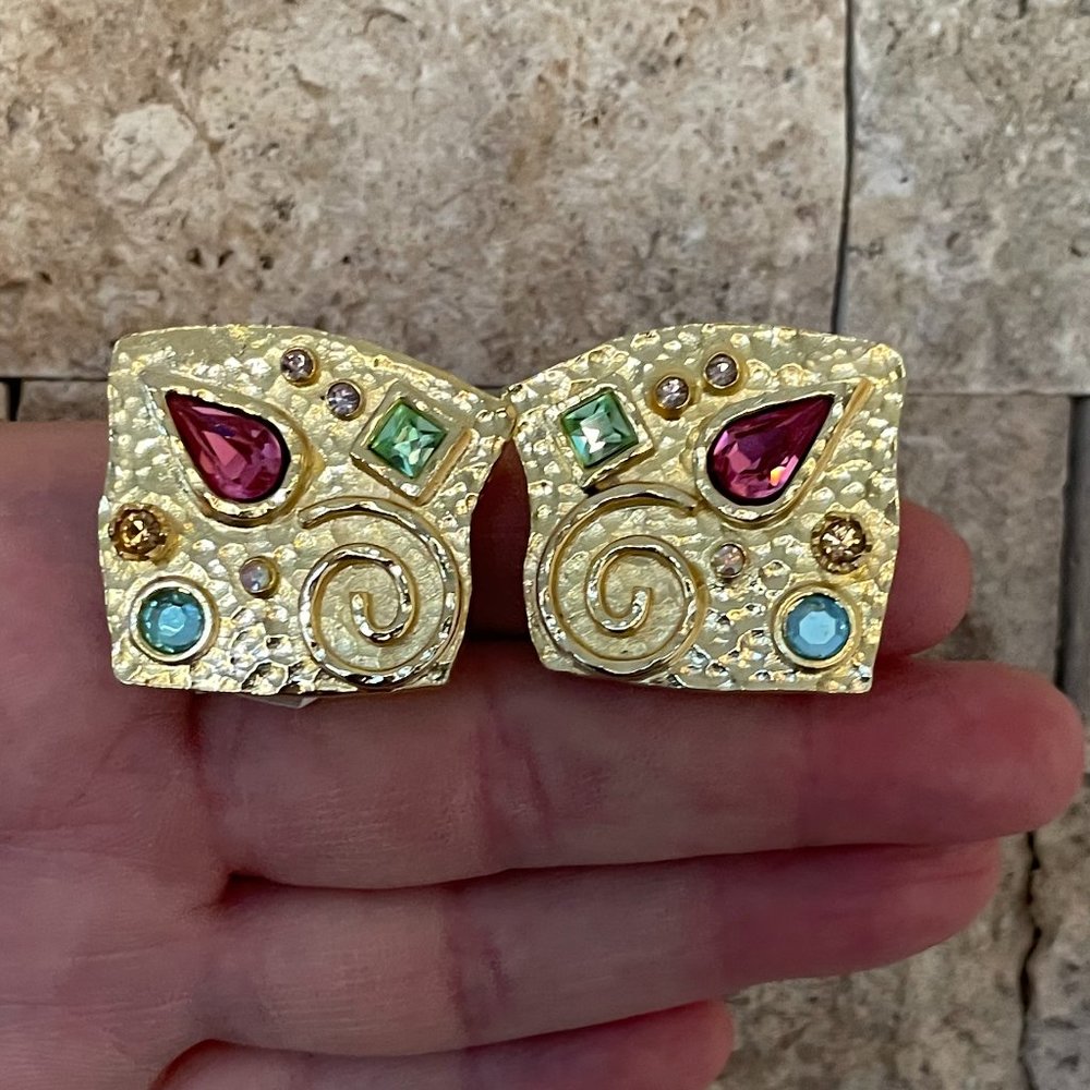 Vintage Patricia Locke Clip-on Gold Tone Earrings w Multi-Color Rhinestones